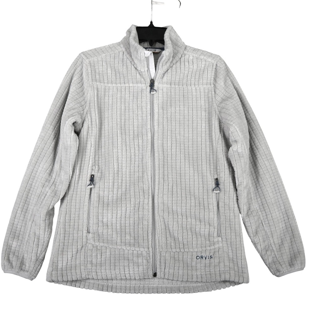 Orvis Full Zip Fleece Jacket Womens S Grey Grid Textured Soft Outdoor Layering